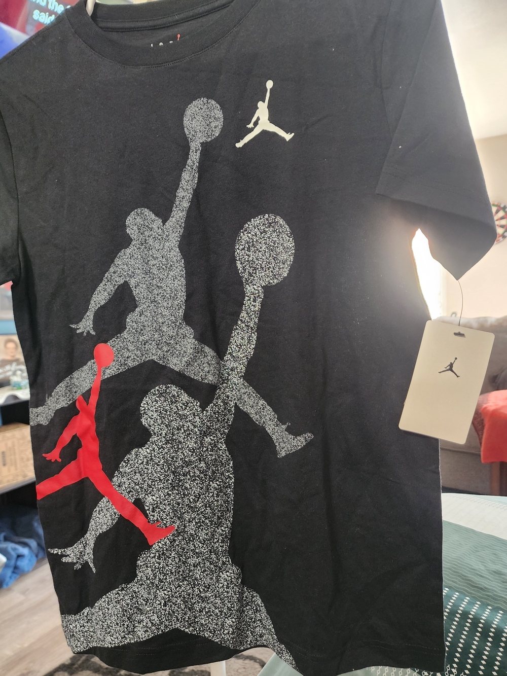 Jordan Black Tee with White Speckled and Red Jumpman Graphics Sz Lrg NWT